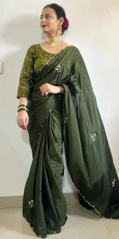 Grand Stone Green Color Soft Chinnon Flower Design Saree