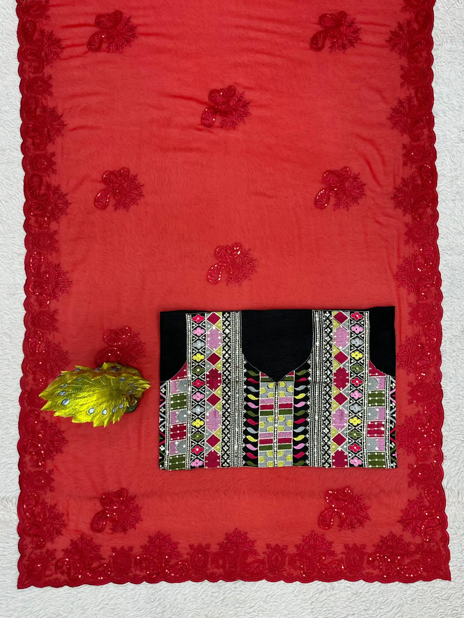 Stunning Red Color Faux Georgette Thread With Sequence Saree - Image 3