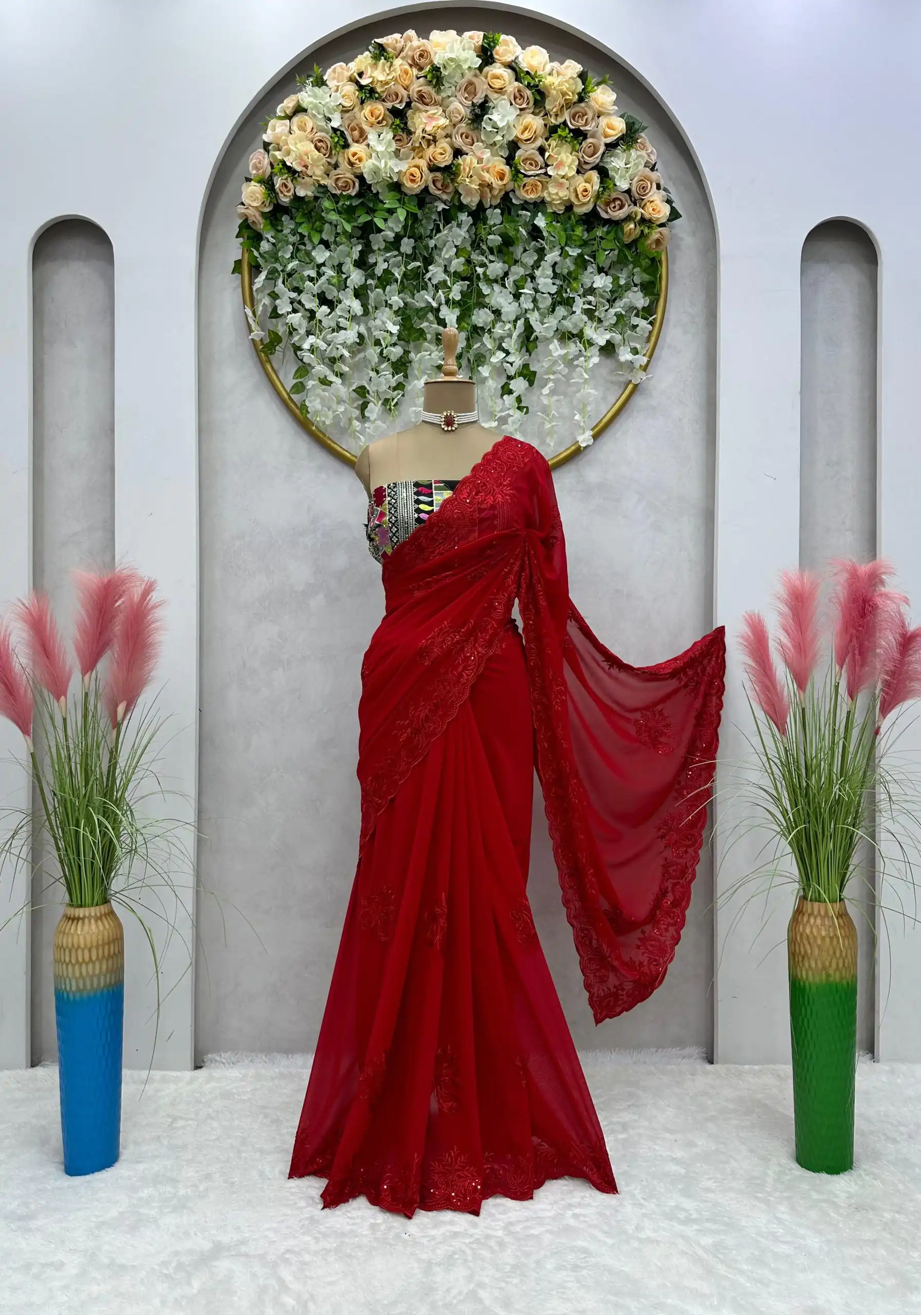 Stunning Red Color Faux Georgette Thread With Sequence Saree