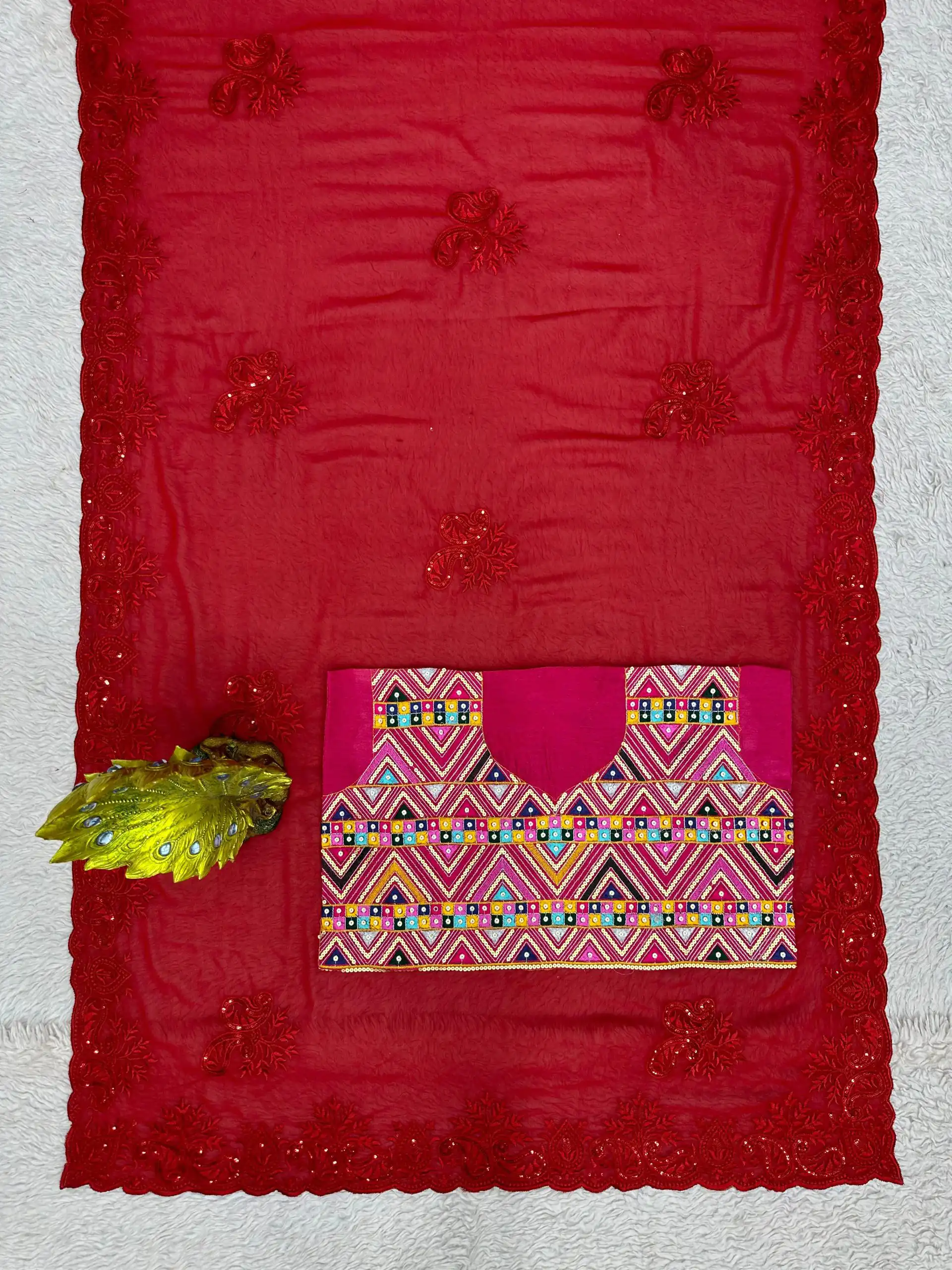 Stunning Red Color Faux Georgette Thread With Sequence Saree - Image 4