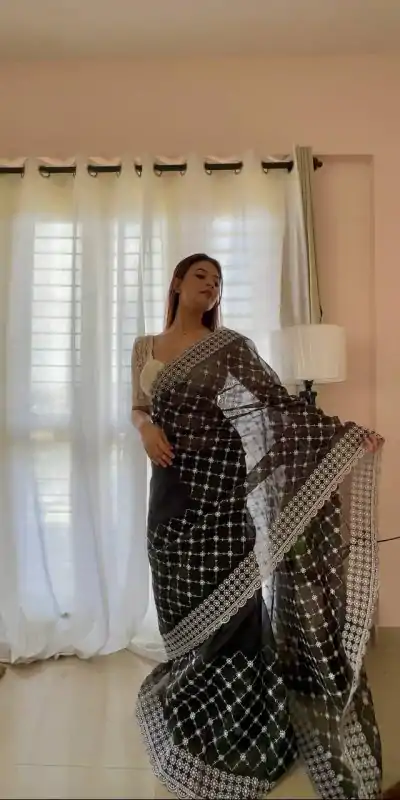 Sublime Black Color Organza Embroidery Thread Work Saree