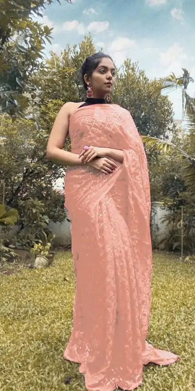 Stylish Light Orange Color Georgette Fancy Sequence Work Saree
