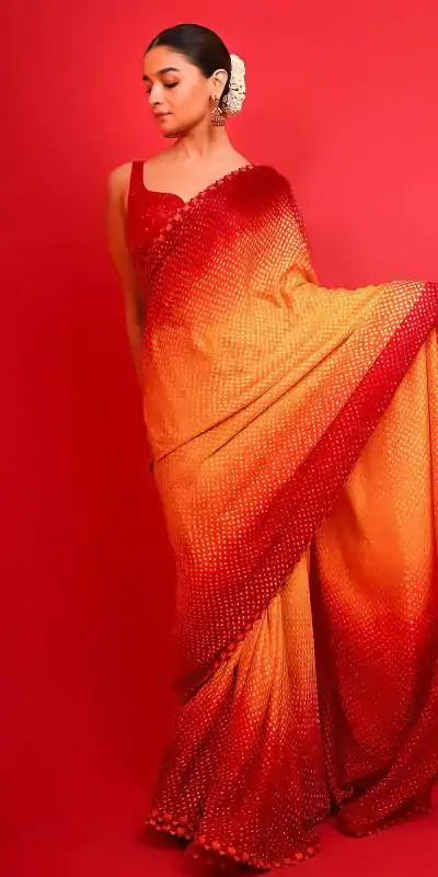 Alia Bhatt Maroon & Yellow Color Heavy Sattin Crepe Silk Saree