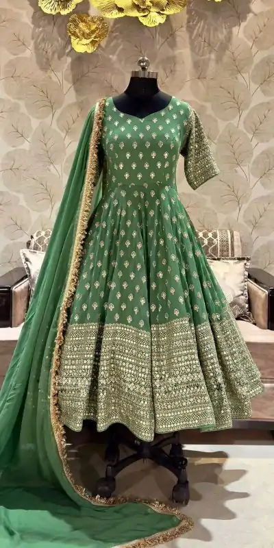 Peaceful Green Color Chinnon Embroidery Sequence Gown