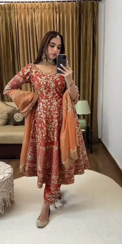 Aglow Orange Color Georgette Embroidery Sequence Gown