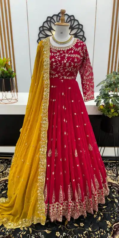Aglow Red Color Georgette Embroidery Sequence Gown