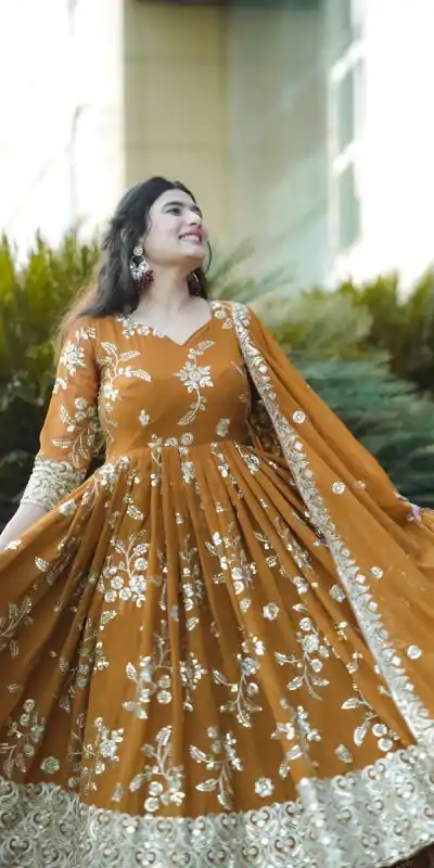 Elegant Mustard Georgette Embroidery Sequence Anarkali Suit