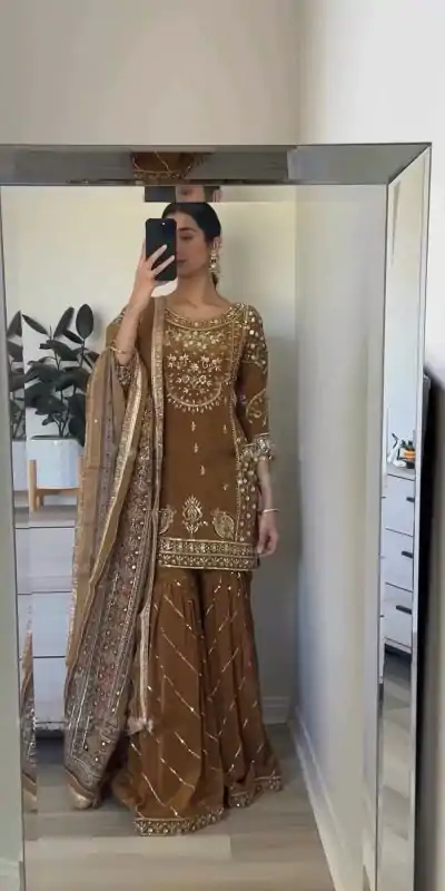 Fine Brown Color Chinnon Silk Embroidery Sequence Salwar Suit