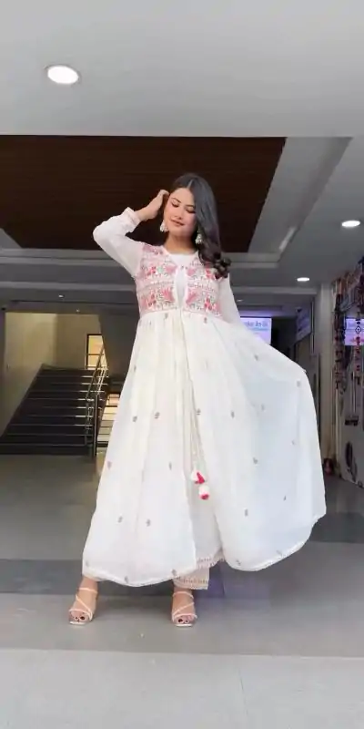 Graceful White Color Foix Georgette Thread Sequence Salwar Suit