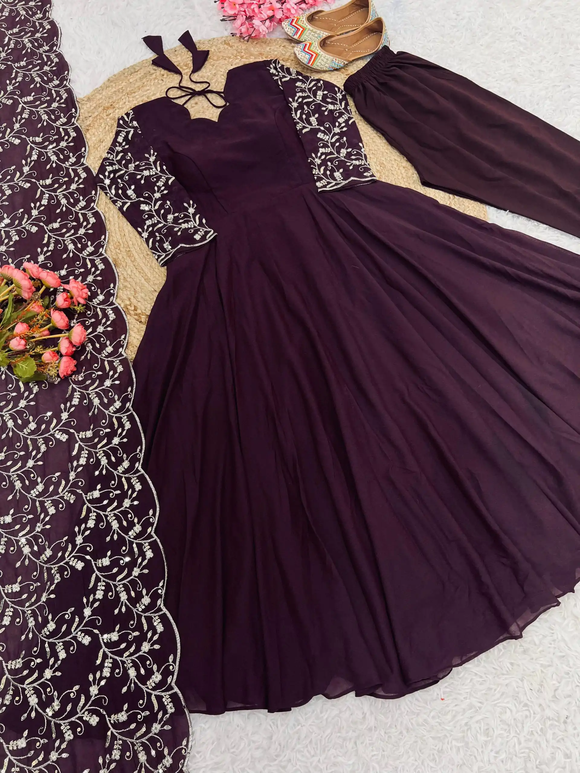 Peaceful Maroon Color Georgette Embroidery Anarkali Suit - Image 3