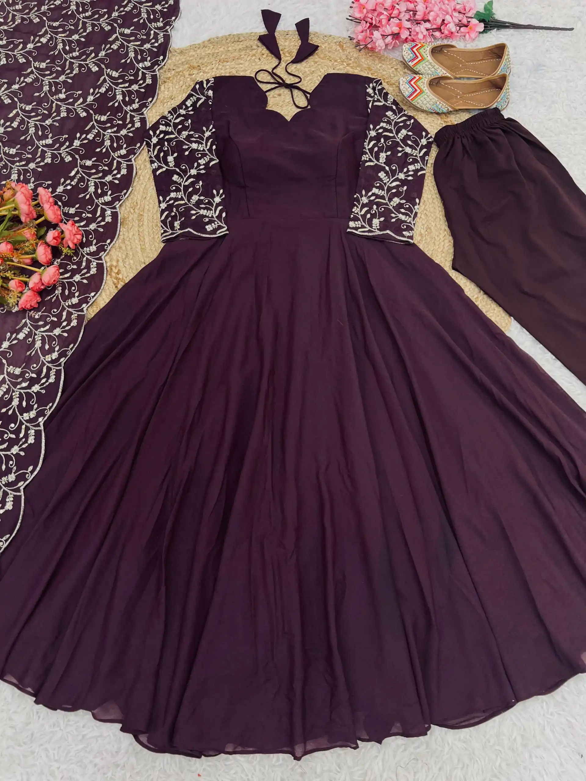 Peaceful Maroon Color Georgette Embroidery Anarkali Suit