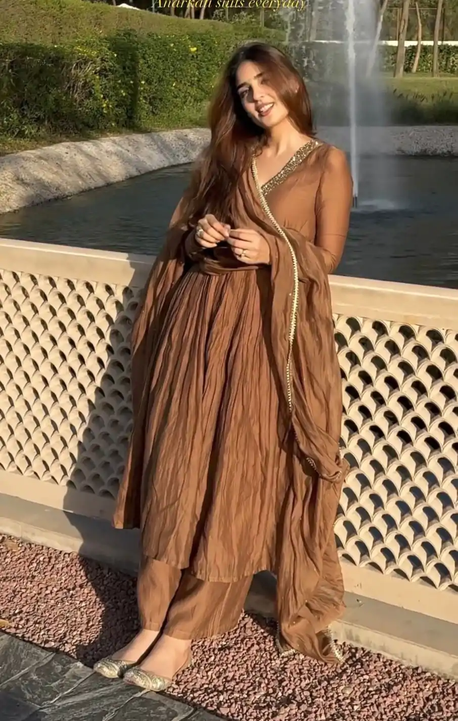 Sublime Brown Color Pure Chinon Silk Embroidery Sharara Suit - Image 2