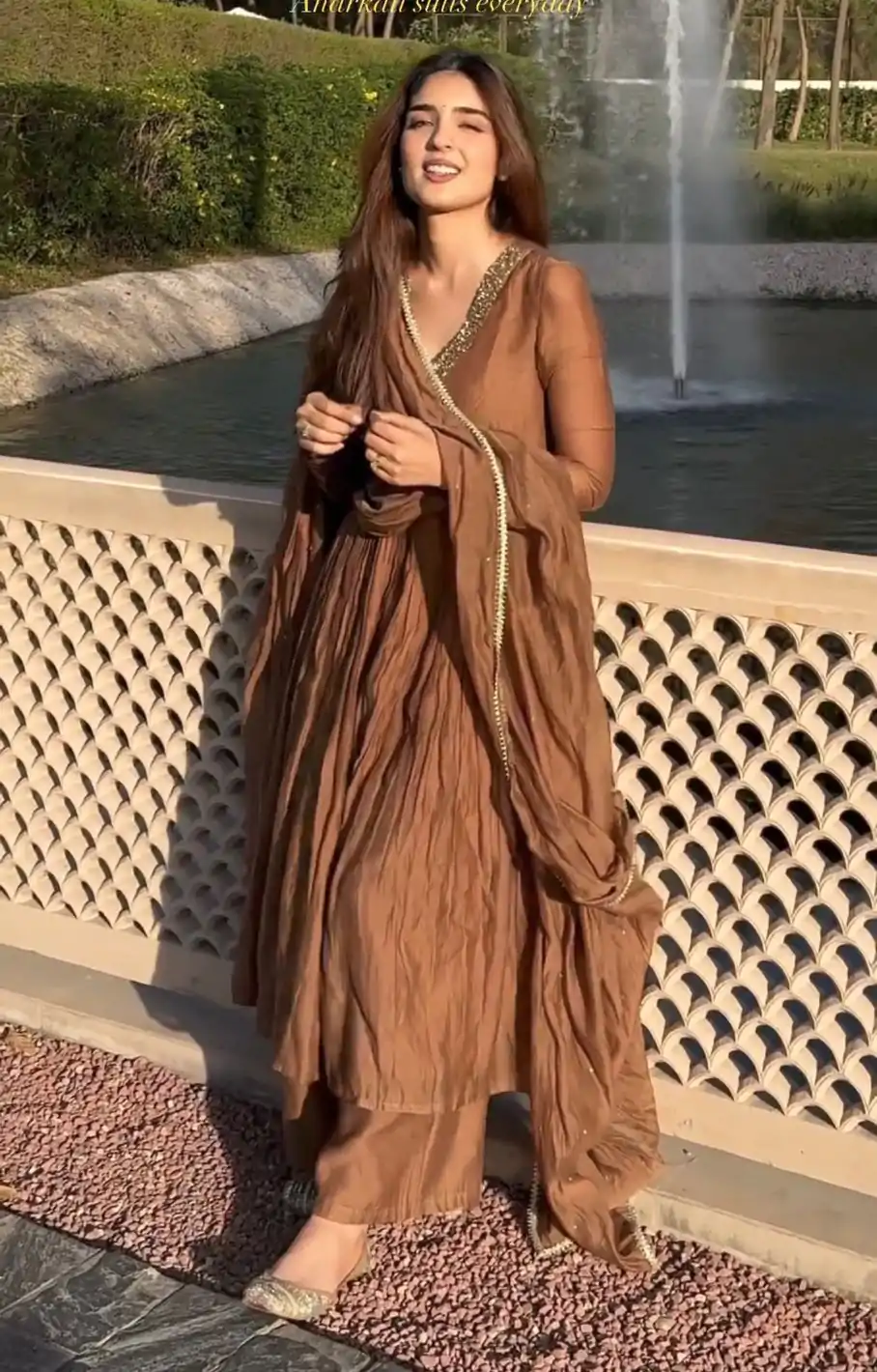 Sublime Brown Color Pure Chinon Silk Embroidery Sharara Suit - Image 3