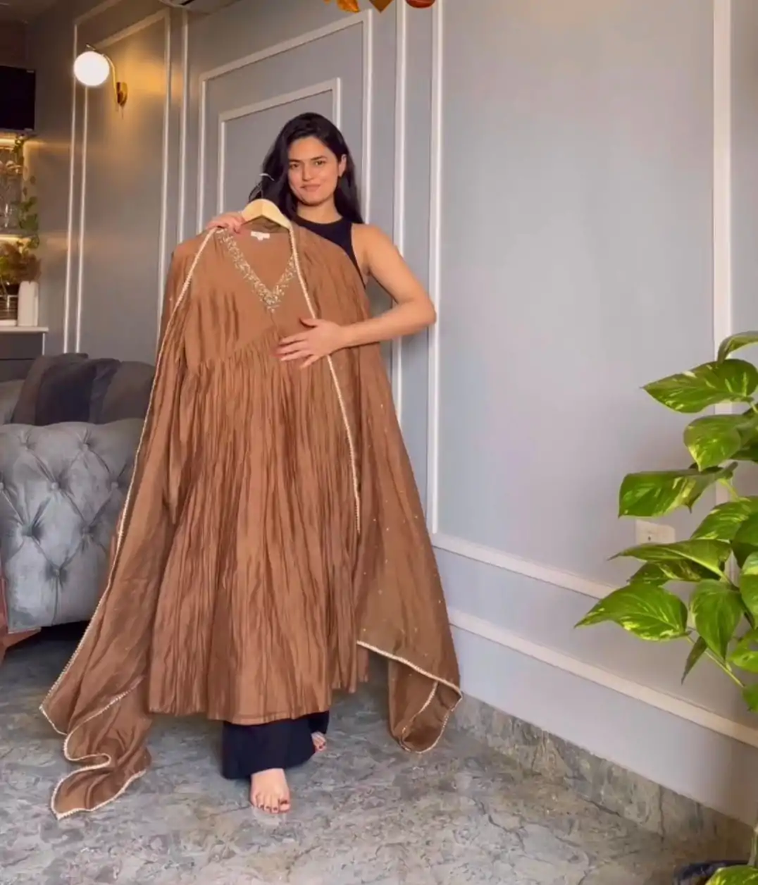 Sublime Brown Color Pure Chinon Silk Embroidery Sharara Suit - Image 4