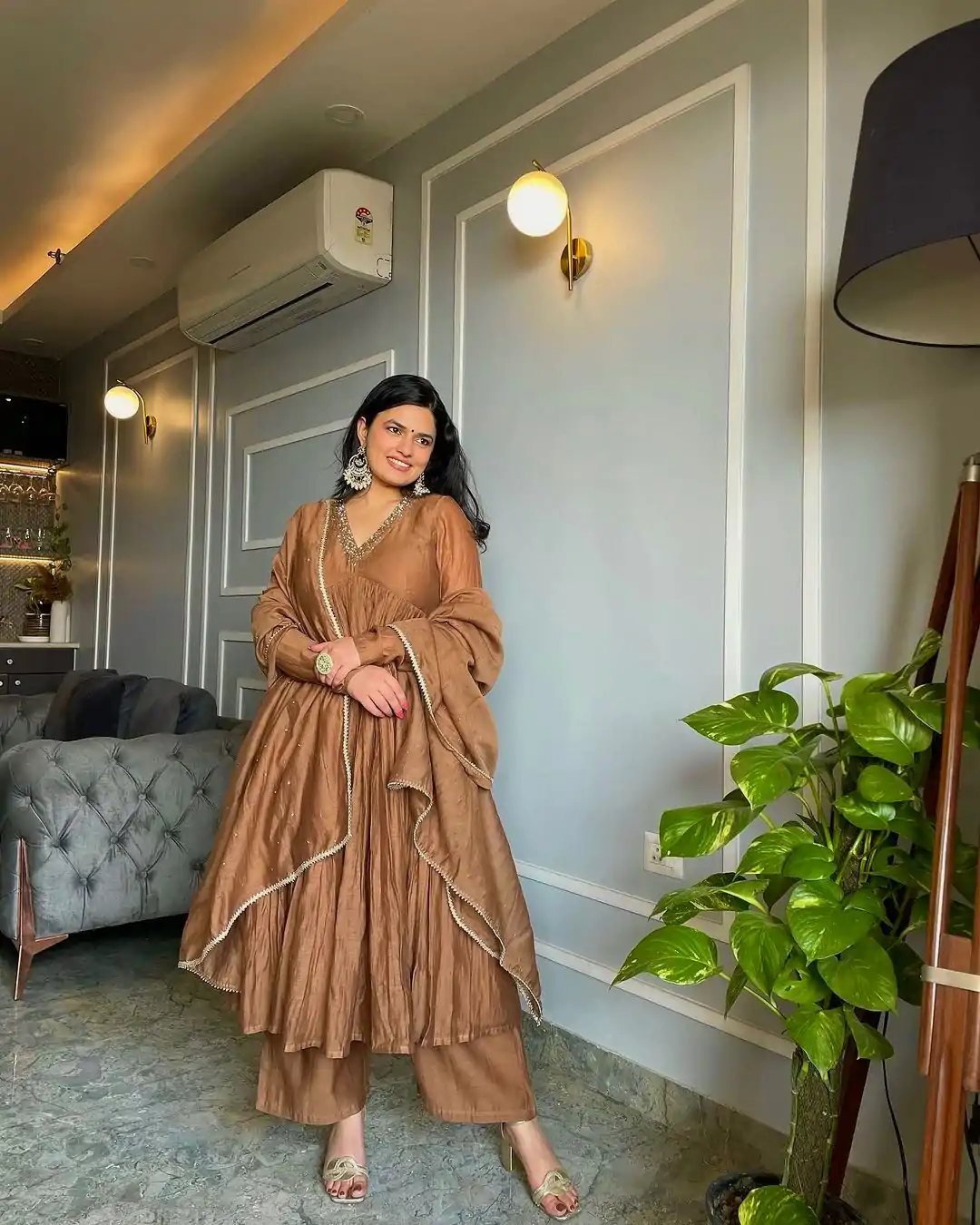 Sublime Brown Color Pure Chinon Silk Embroidery Sharara Suit