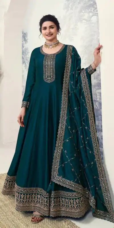 Splendorous Dark Green Color Silk Georgette with Embroidery Work Anarkal Suit