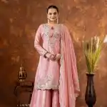 Amazing Peach Color Chinon Silk Embroidery 3mm Sequence Coding Dori Work Salwar Suit