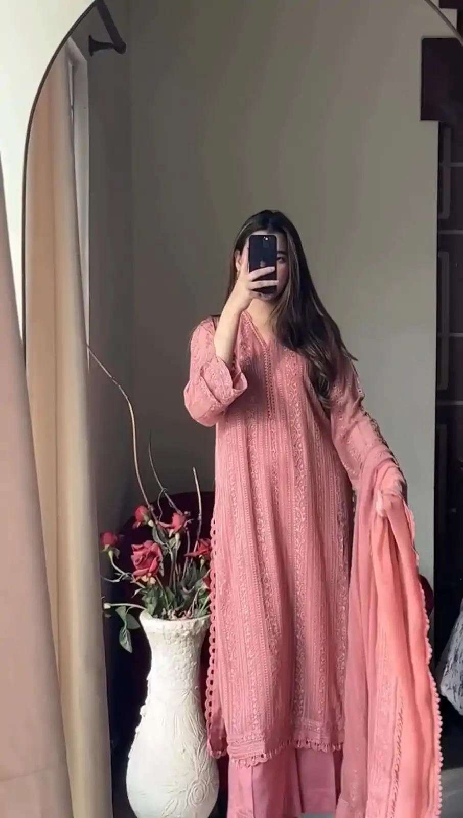 Beautiful Peach Color Chinon Cotton Thread Embroidery Work Salwar Suit