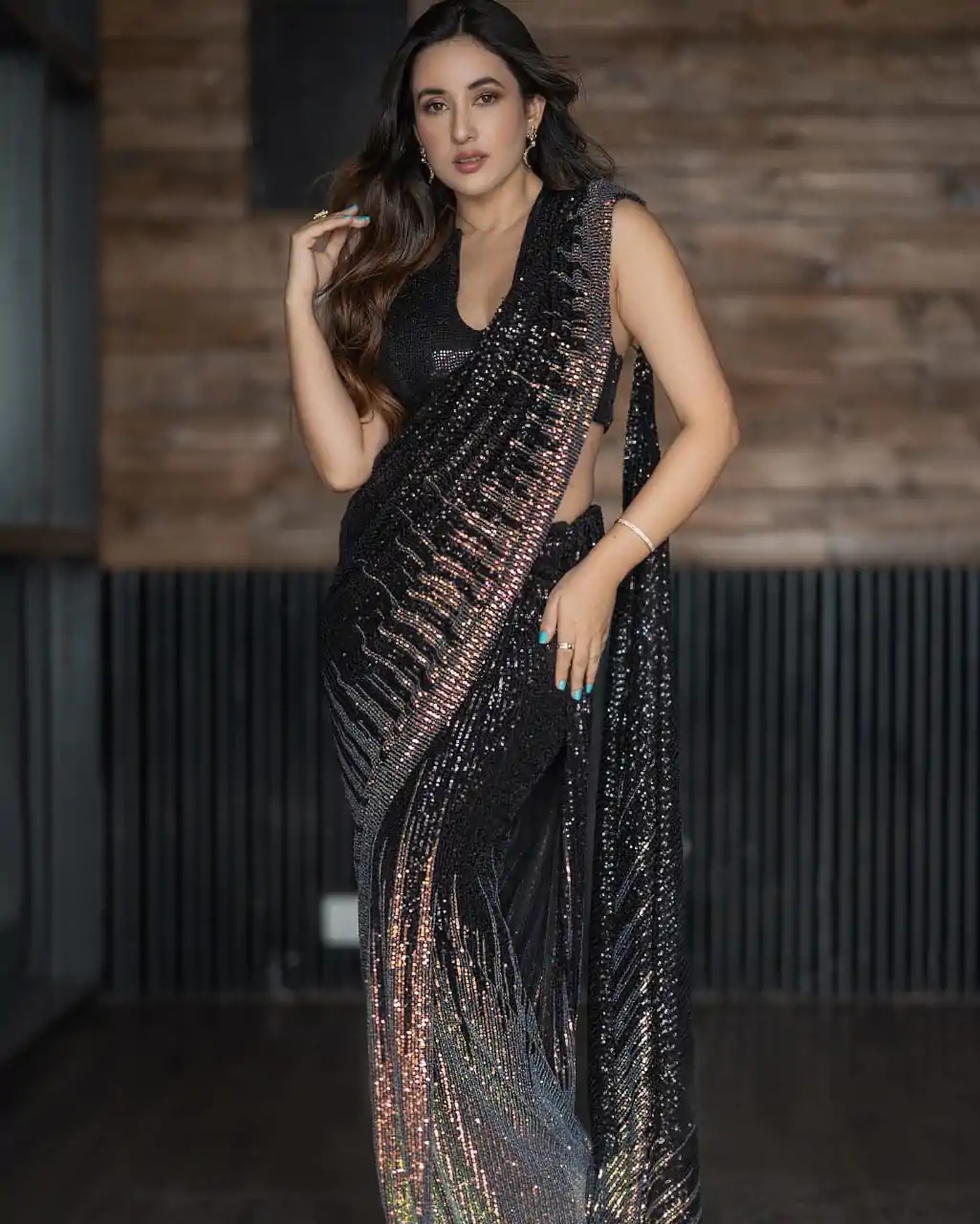 Magical Black Color Georgette Sequins All Over Peiping Lace Saree - Image 3