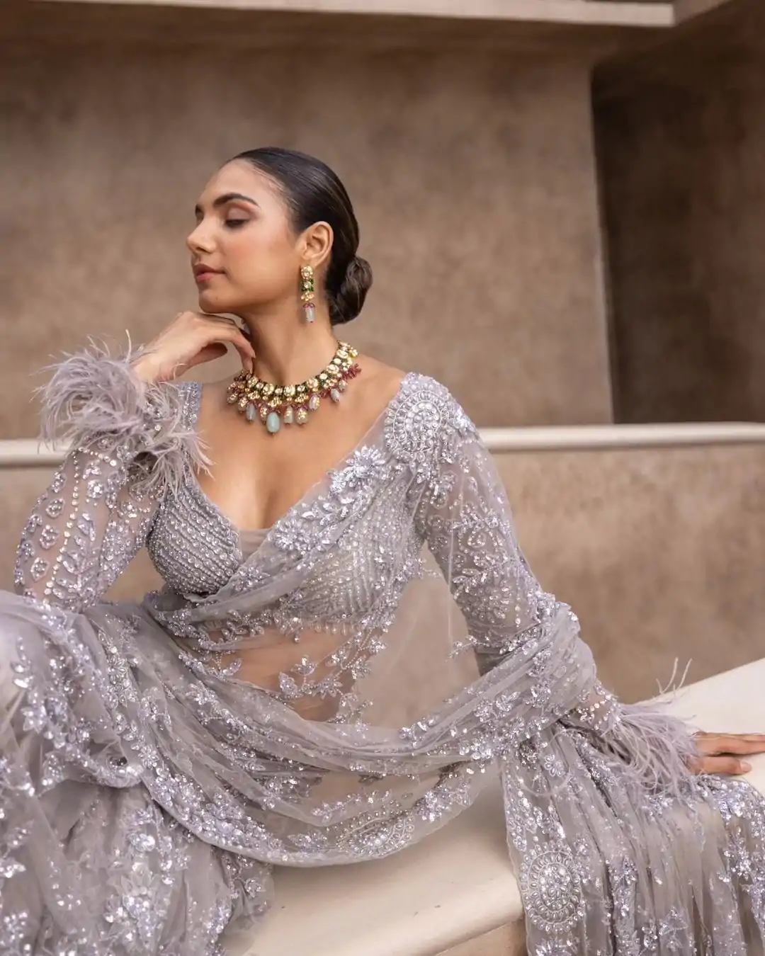 Grey Mono Net Embroidery Saree - Image 4