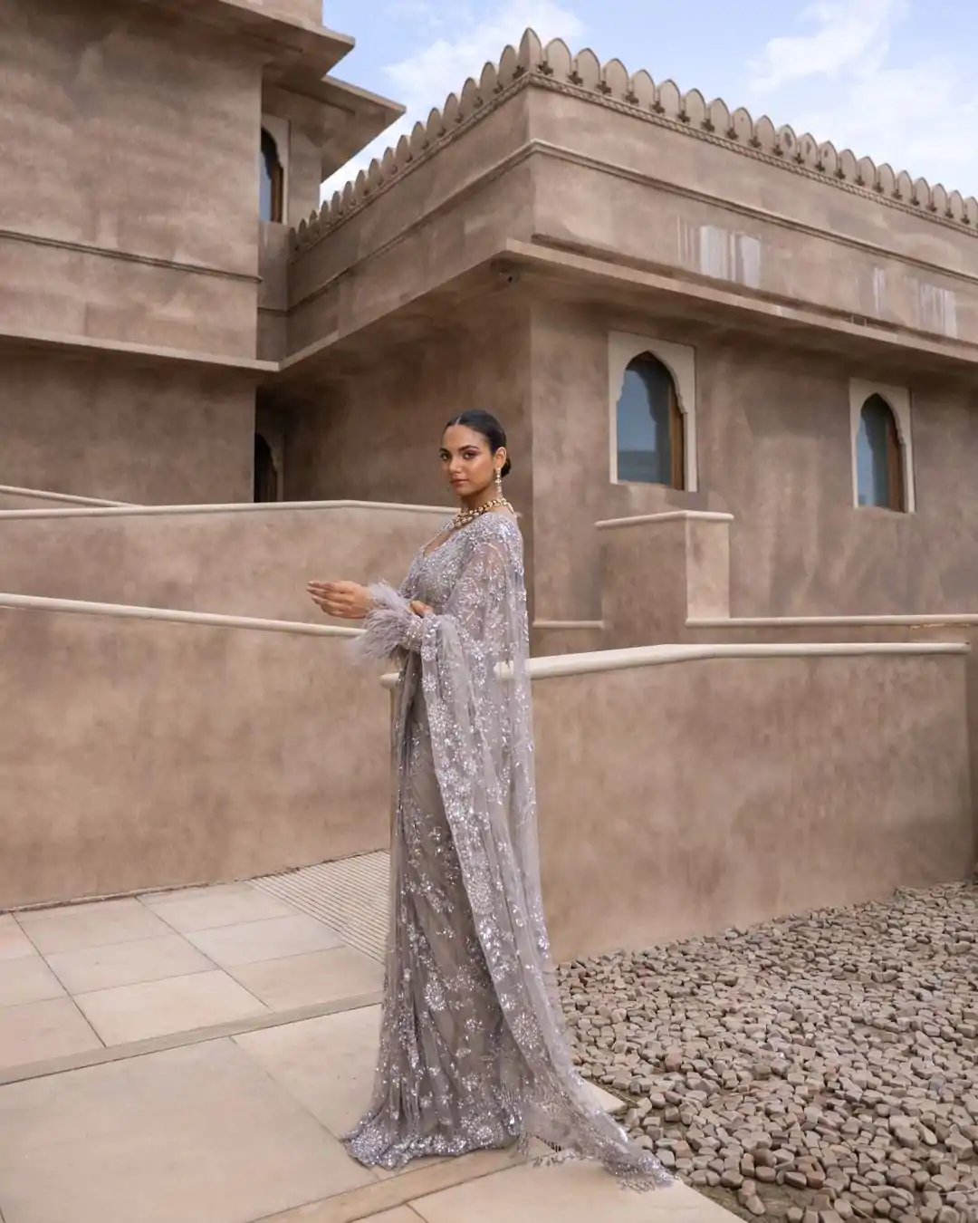 Grey Mono Net Embroidery Saree - Image 5