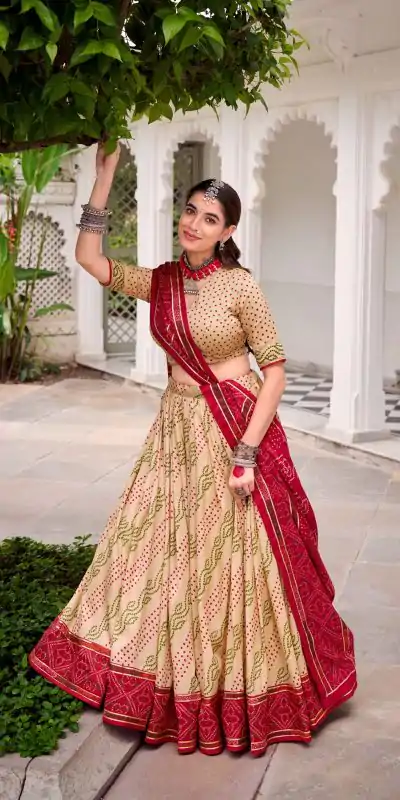 Off White Tasar Silk Bandhej Print Lehenga Choli