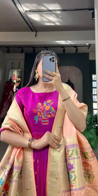 YNF 5302 Purple Color Jacquard Silk Paithani Designer Gown Casual, Wedding Festive, Events, Designer Party Wear Expected Delivery 4-6 Working Days @2549 | Bollywood Gowns, Creative Gowns, Designer Gowns, Embroidered Gowns, Gowns, Party Wear Gowns