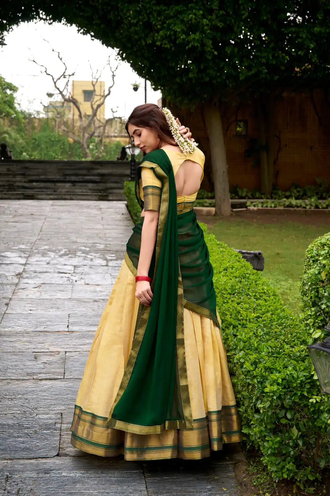 Green Kanchipuram Zari Lace Work Lehenga Choli - Image 2