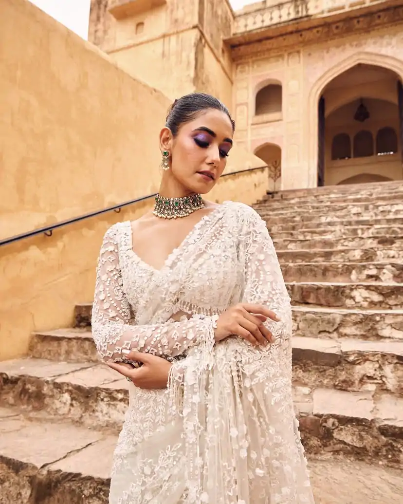 White Butterfly Net With Sequins Work Saree - Image 2