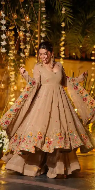 NSR 880 Cream Crunchy Silk Gown with Embroidery Work. Wedding, Party, Festive, Events Grab it for ₹2249. Delivery 4-6 Working Days. Shop now. | Bollywood Gowns, Creative Gowns, Designer Gowns, Embroidered Gowns, Gowns, Party Wear Gowns