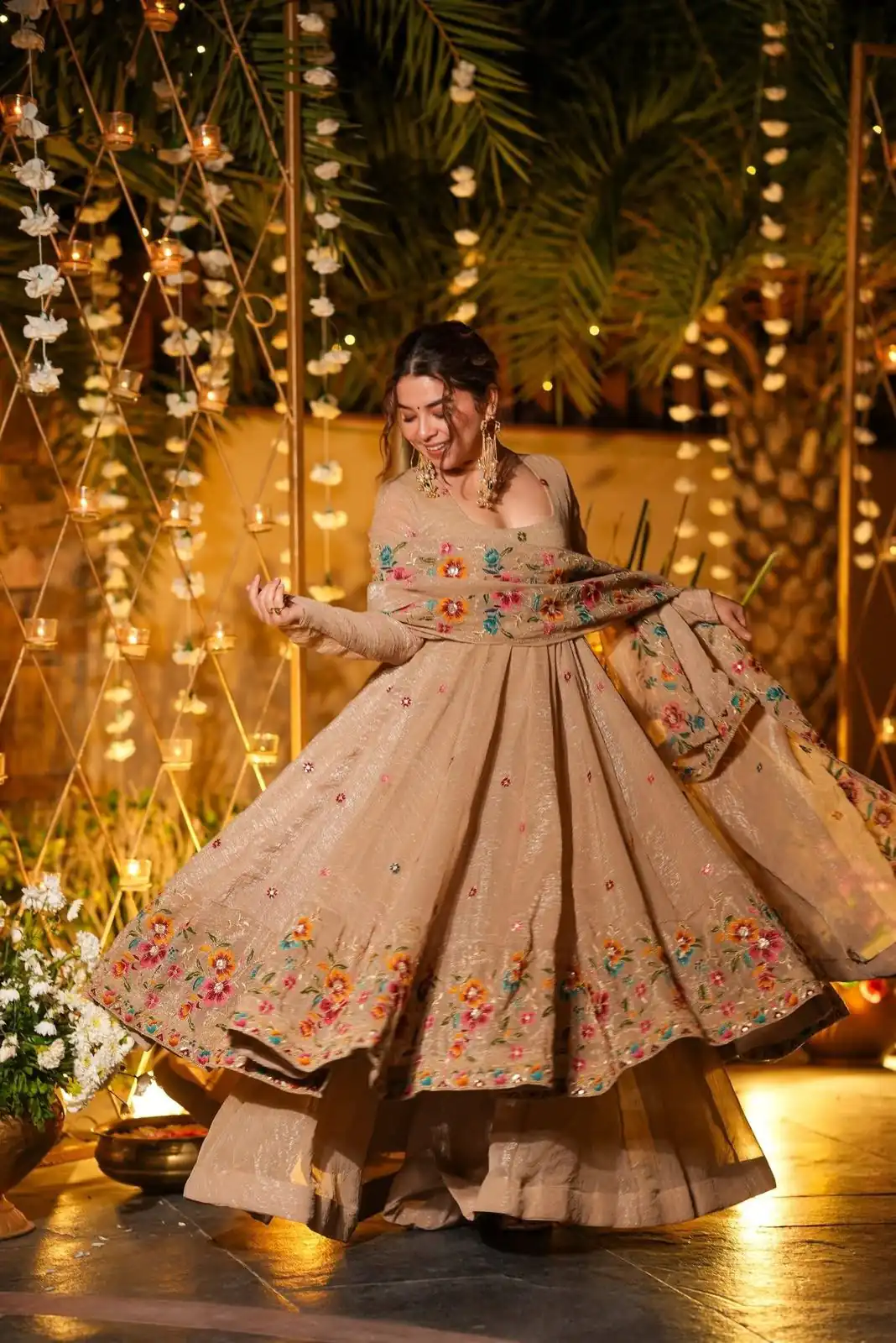 NSR 880 Cream Crunchy Silk Gown with Embroidery Work. Wedding, Party, Festive, Events Grab it for ₹2249. Delivery 4-6 Working Days. Shop now. | Bollywood Gowns, Creative Gowns, Designer Gowns, Embroidered Gowns, Gowns, Party Wear Gowns