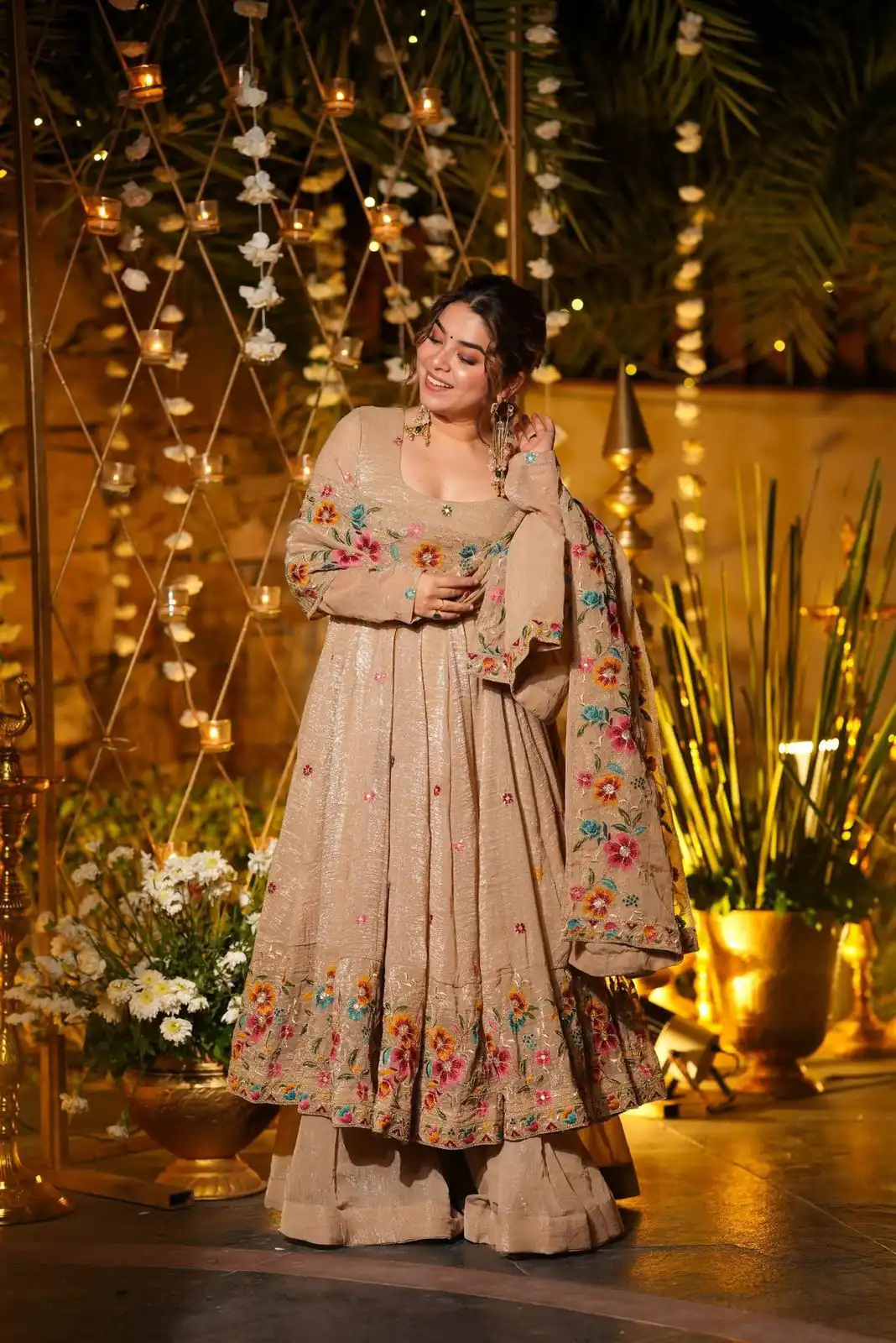 NSR 880 Cream Crunchy Silk Gown with Embroidery Work. Wedding, Party, Festive, Events Grab it for ₹2249. Delivery 4-6 Working Days. Shop now. | Bollywood Gowns, Creative Gowns, Designer Gowns, Embroidered Gowns, Gowns, Party Wear Gowns