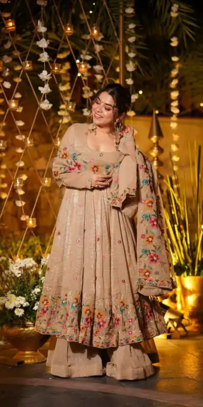 NSR 880 Cream Crunchy Silk Gown with Embroidery Work. Wedding, Party, Festive, Events Grab it for ₹2249. Delivery 4-6 Working Days. Shop now. | Bollywood Gowns, Creative Gowns, Designer Gowns, Embroidered Gowns, Gowns, Party Wear Gowns