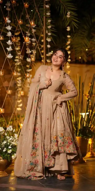 NSR 880 Cream Crunchy Silk Gown with Embroidery Work. Wedding, Party, Festive, Events Grab it for ₹2249. Delivery 4-6 Working Days. Shop now. | Bollywood Gowns, Creative Gowns, Designer Gowns, Embroidered Gowns, Gowns, Party Wear Gowns