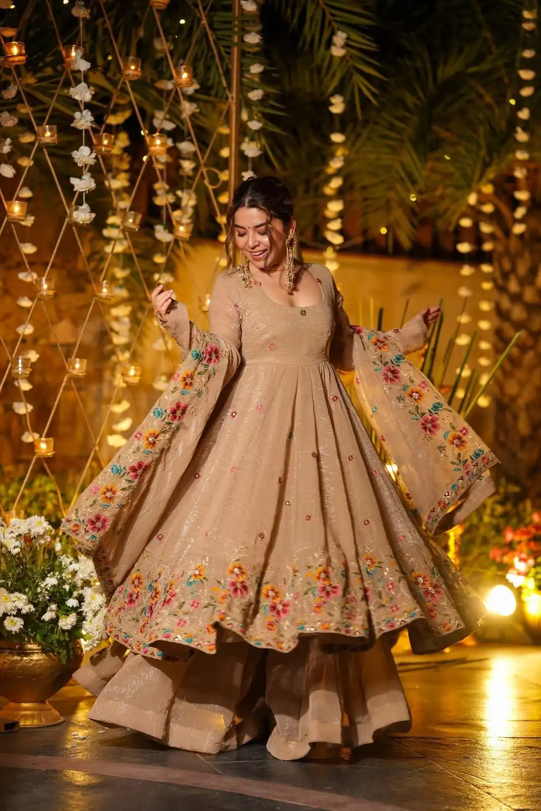 NSR 880 Cream Crunchy Silk Gown with Embroidery Work. Wedding, Party, Festive, Events Grab it for ₹2249. Delivery 4-6 Working Days. Shop now. | Bollywood Gowns, Creative Gowns, Designer Gowns, Embroidered Gowns, Gowns, Party Wear Gowns