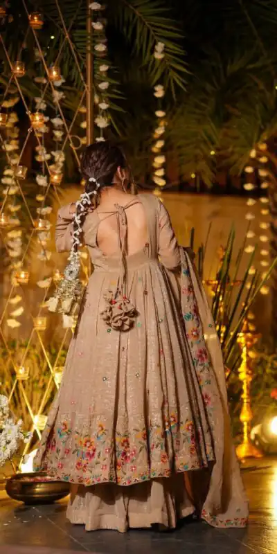 NSR 880 Cream Crunchy Silk Gown with Embroidery Work. Wedding, Party, Festive, Events Grab it for ₹2249. Delivery 4-6 Working Days. Shop now. | Bollywood Gowns, Creative Gowns, Designer Gowns, Embroidered Gowns, Gowns, Party Wear Gowns