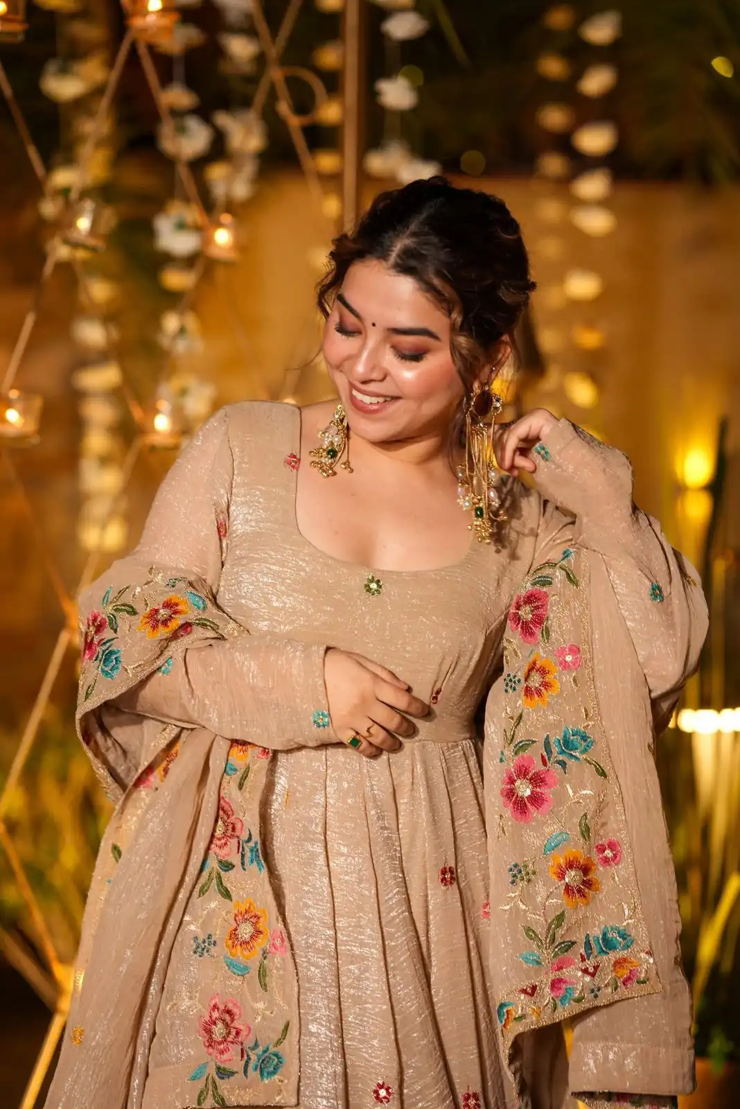 NSR 880 Cream Crunchy Silk Gown with Embroidery Work. Wedding, Party, Festive, Events Grab it for ₹2249. Delivery 4-6 Working Days. Shop now. | Bollywood Gowns, Creative Gowns, Designer Gowns, Embroidered Gowns, Gowns, Party Wear Gowns