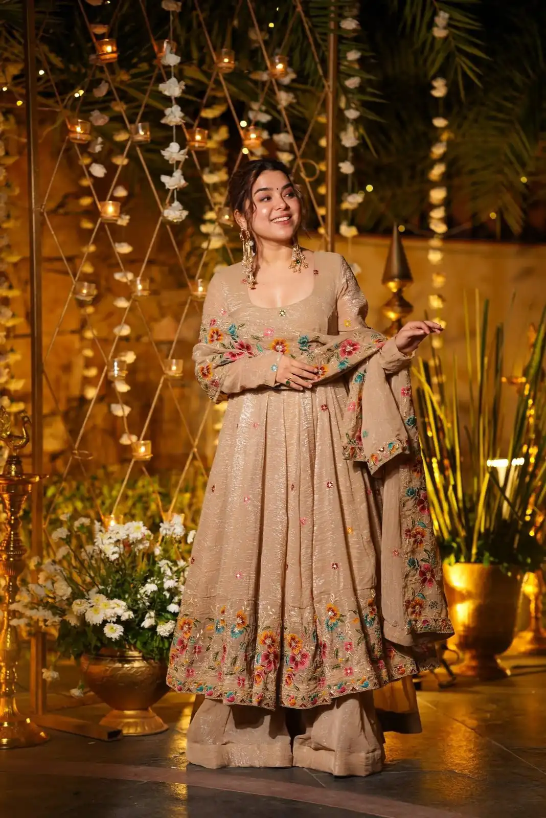NSR 880 Cream Crunchy Silk Gown with Embroidery Work. Wedding, Party, Festive, Events Grab it for ₹2249. Delivery 4-6 Working Days. Shop now. | Bollywood Gowns, Creative Gowns, Designer Gowns, Embroidered Gowns, Gowns, Party Wear Gowns