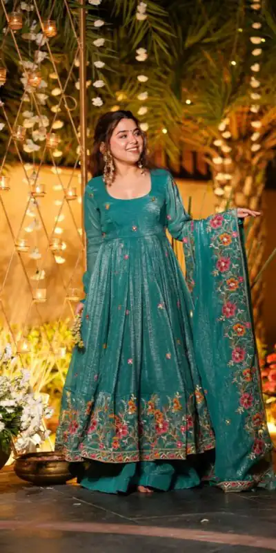 NSR 880 Firozi Crunchy Silk Gown with Embroidery Work. Wedding, Party, Festive, Events Grab it for ₹2249. Delivery 4-6 Working Days. Shop now. | Bollywood Gowns, Creative Gowns, Designer Gowns, Embroidered Gowns, Gowns, Party Wear Gowns