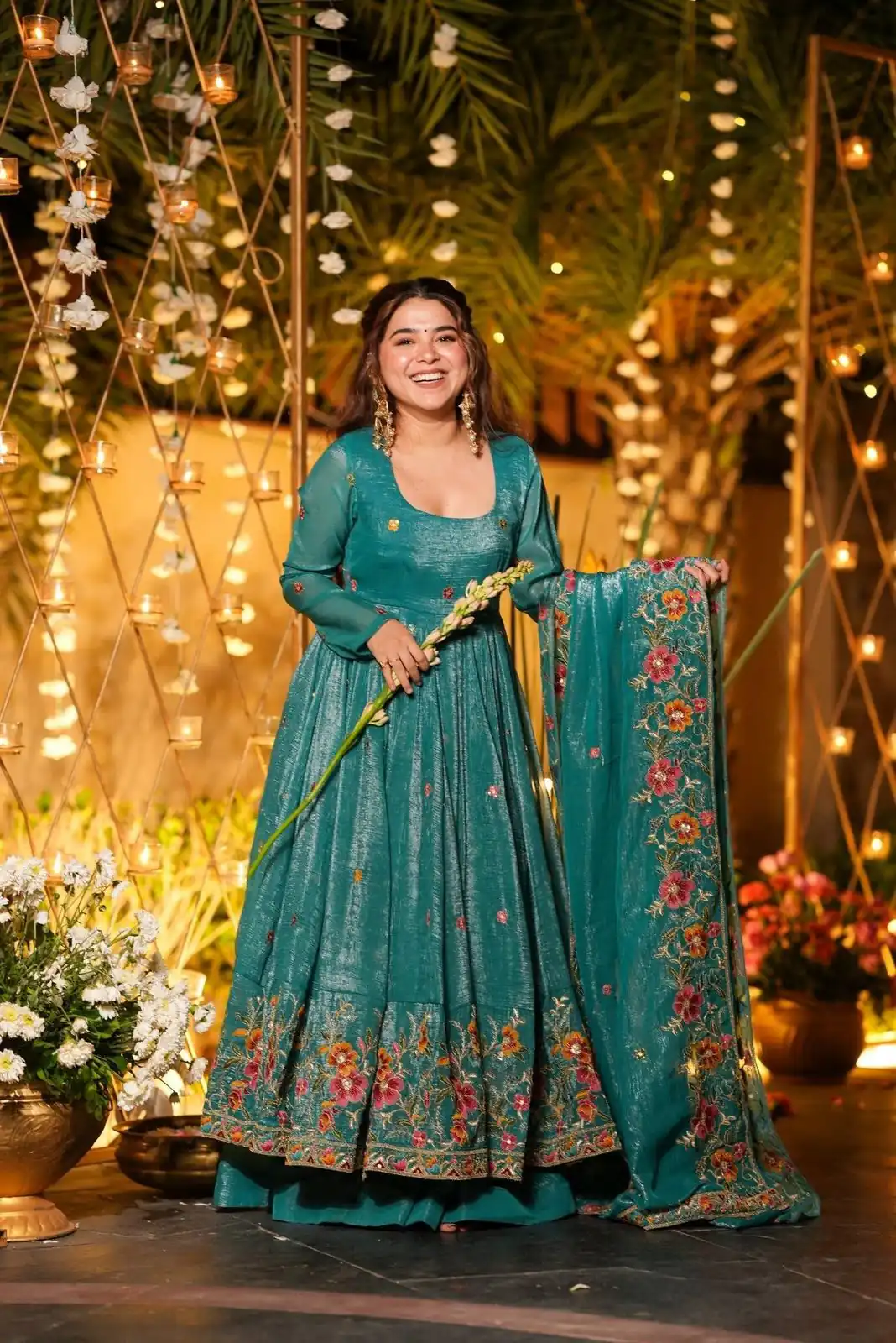 NSR 880 Firozi Crunchy Silk Gown with Embroidery Work. Wedding, Party, Festive, Events Grab it for ₹2249. Delivery 4-6 Working Days. Shop now. | Bollywood Gowns, Creative Gowns, Designer Gowns, Embroidered Gowns, Gowns, Party Wear Gowns