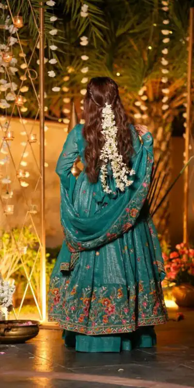 NSR 880 Firozi Crunchy Silk Gown with Embroidery Work. Wedding, Party, Festive, Events Grab it for ₹2249. Delivery 4-6 Working Days. Shop now. | Bollywood Gowns, Creative Gowns, Designer Gowns, Embroidered Gowns, Gowns, Party Wear Gowns