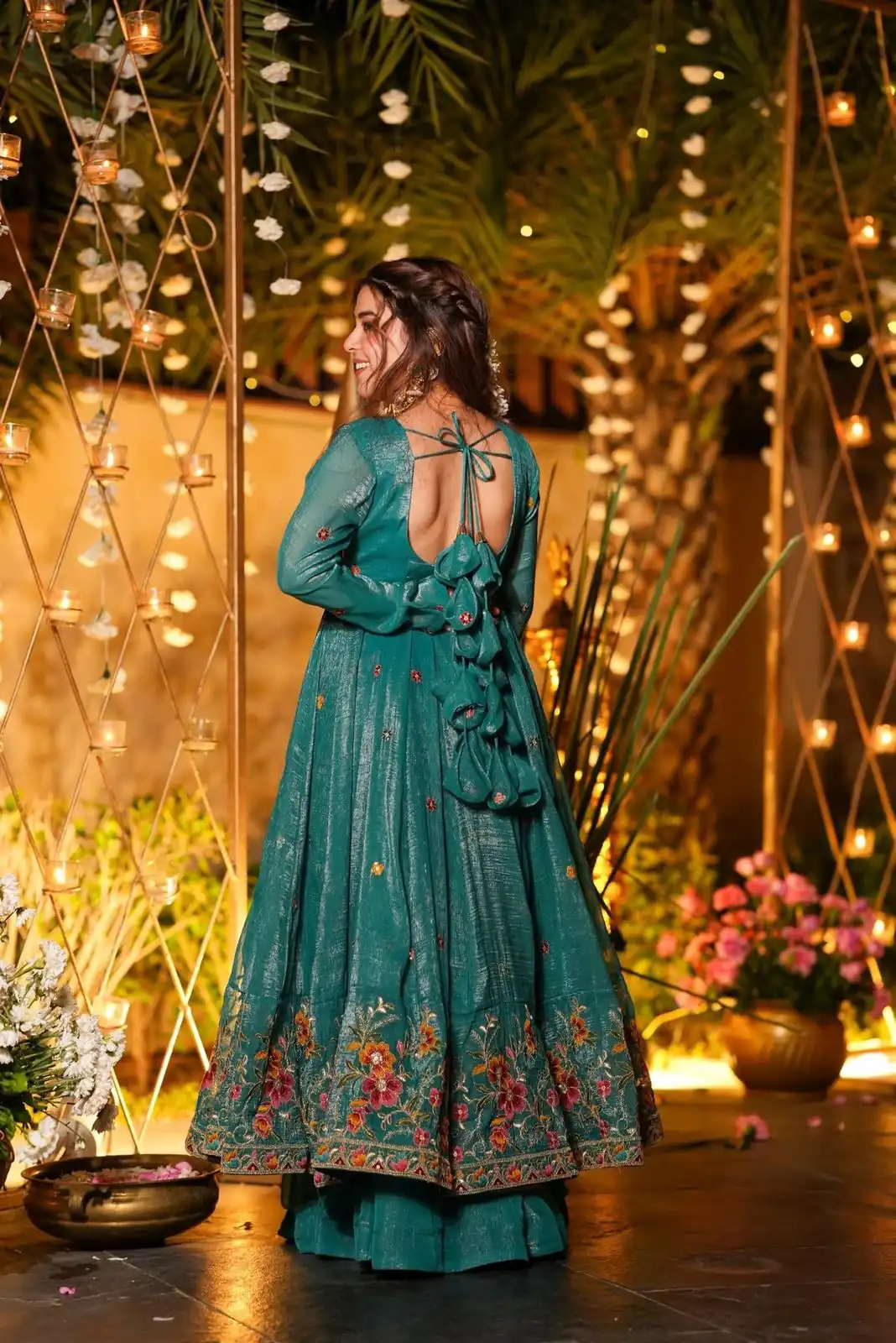 NSR 880 Firozi Crunchy Silk Gown with Embroidery Work. Wedding, Party, Festive, Events Grab it for ₹2249. Delivery 4-6 Working Days. Shop now. | Bollywood Gowns, Creative Gowns, Designer Gowns, Embroidered Gowns, Gowns, Party Wear Gowns