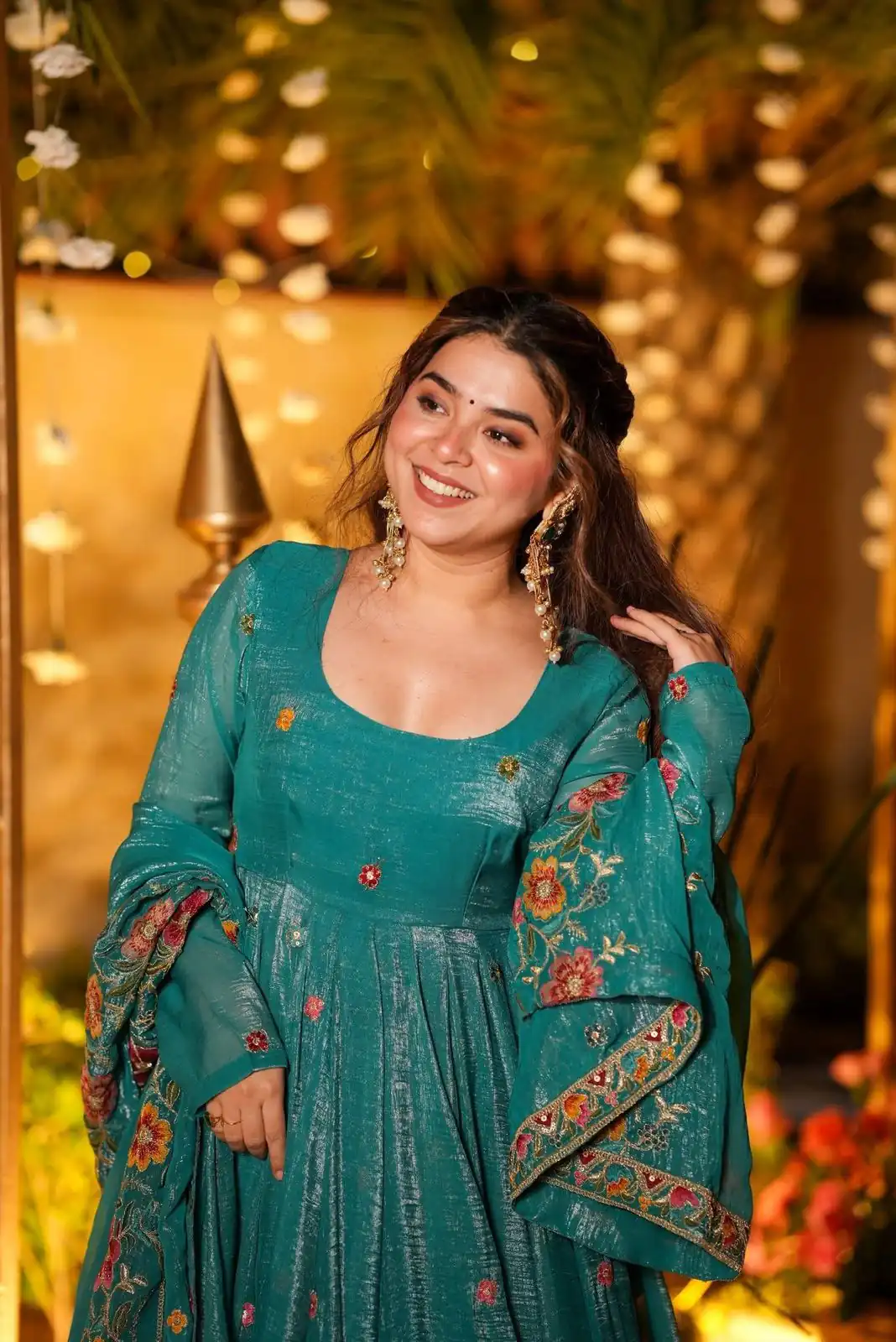 NSR 880 Firozi Crunchy Silk Gown with Embroidery Work. Wedding, Party, Festive, Events Grab it for ₹2249. Delivery 4-6 Working Days. Shop now. | Bollywood Gowns, Creative Gowns, Designer Gowns, Embroidered Gowns, Gowns, Party Wear Gowns