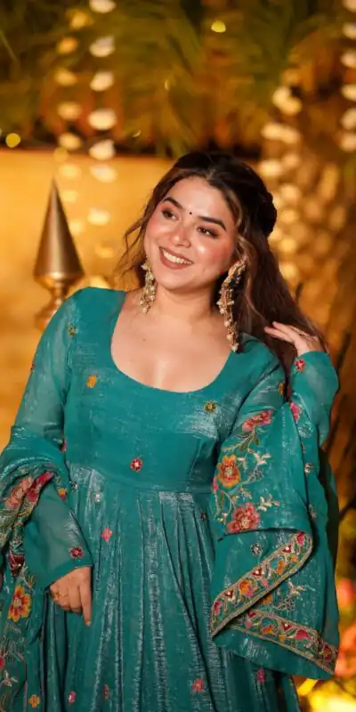 NSR 880 Firozi Crunchy Silk Gown with Embroidery Work. Wedding, Party, Festive, Events Grab it for ₹2249. Delivery 4-6 Working Days. Shop now. | Bollywood Gowns, Creative Gowns, Designer Gowns, Embroidered Gowns, Gowns, Party Wear Gowns