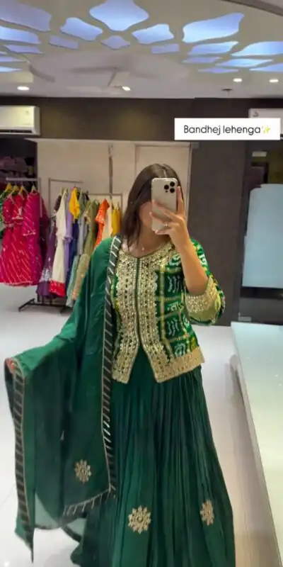 Green Chinon Digital Print Embroidery Work Lehenga Choli