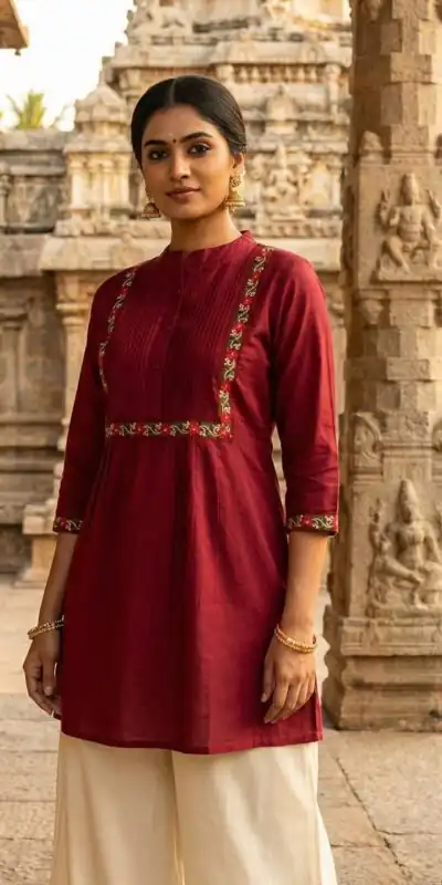 Maroon Rayon Multi Embroidery Work Kurti