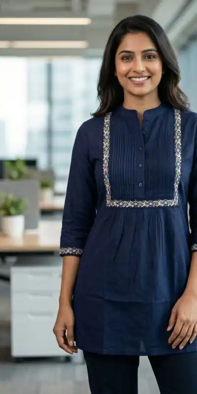 Navy Blue Rayon Multi Embroidery Work Kurti