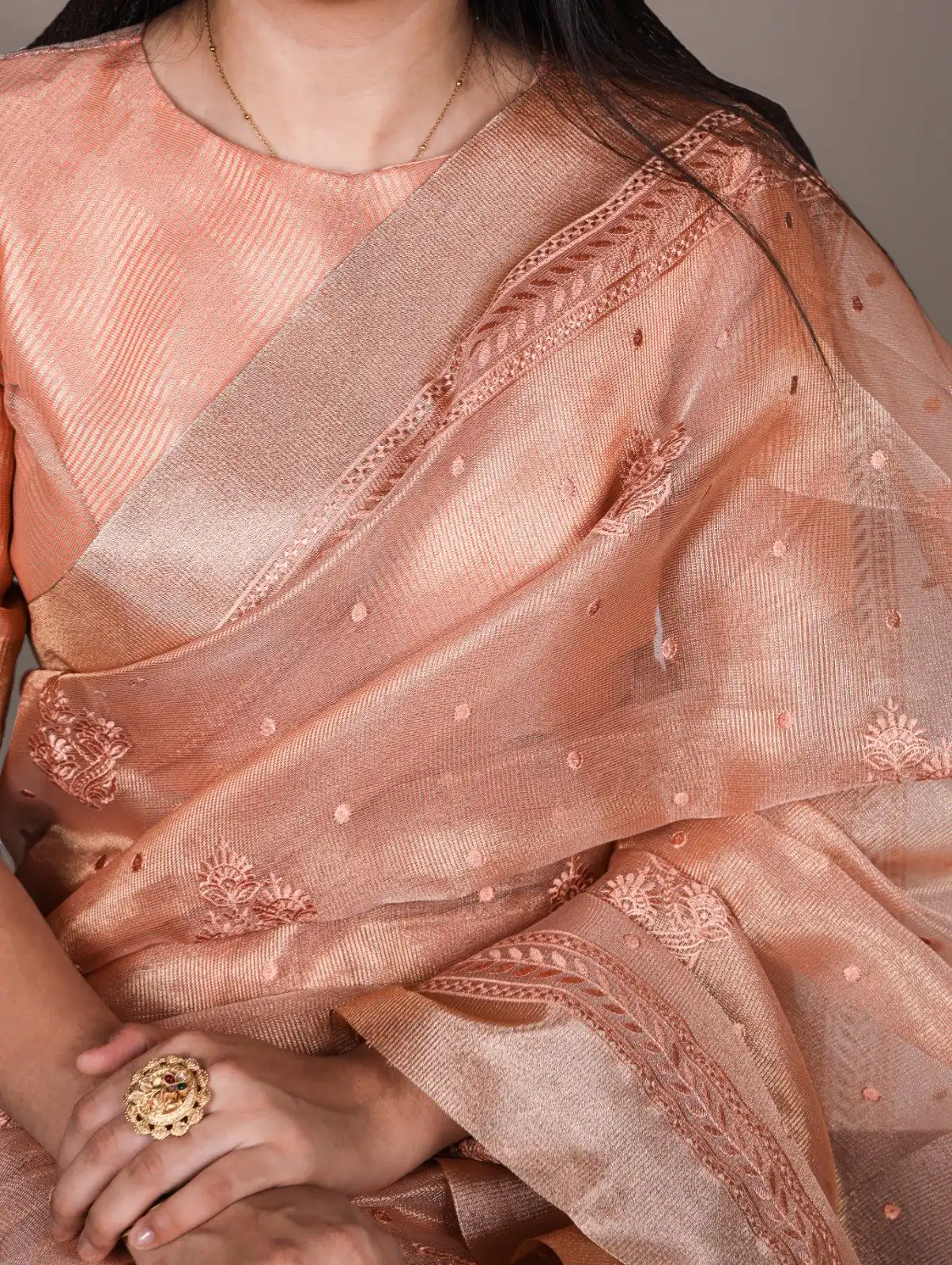 Orange Poly Shimmer Embroidery Work Saree - Image 2