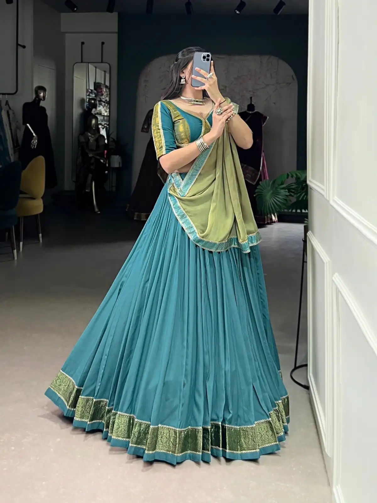 Teal Pure Rayon Zari Lace Work Lehenga Choli - Image 3