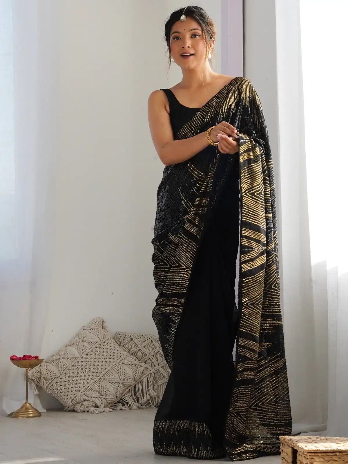 Black Georgette Sequence Lace Work Saree